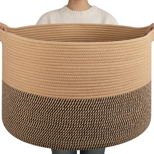 OIAHOMY 90L XXXLarge Blanket Basket for Living Room, 21.7" x 13.8" Woven Cotton Rope Laundry Basket for Organizing Pillows, Decorative Stuffed Animal Toy Storage for Nursery, Jute and Black - color: Jute and Black, size: 21.7"D x 13.8"H