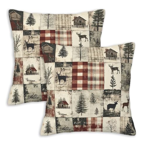 Farmhouse Throw Pillow Covers 18x18 Inches Set of 2 | Rustic Deer Pine Cushion Cases | Cabin Patchwork Print Pillowcases for Living Room Couch Sofa | Winter Holiday Home Decor - color: Deer Pine