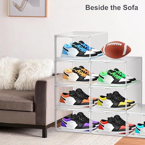 5 Pack Clear Plastic Shoe Boxes with Acrylic Magnetic Door, Size 12 | Stackable Shoe Storage Organizer for Closet, Fit Size 12 Everyday Casual Shoes, Sneakers