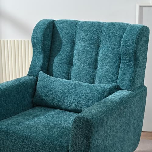 Accent Chair, Living Room Chairs with Solid Wood Legs & Pillow | Chairs Living Room with High Tufted Backrest, Reading Chair for Bedroom/Office, Chenille Fabric - color: Teal