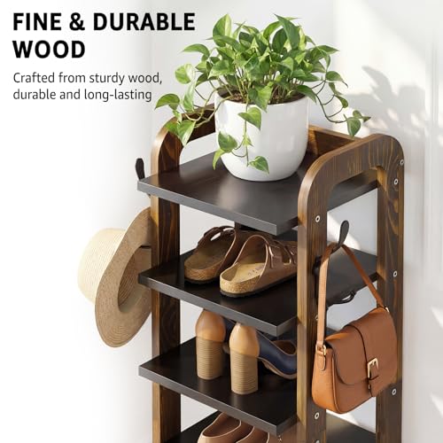 Wooden 8 Tiers Vertical Shoe Rack | Shoe Storage with Hooks, Shoe Organizer for Small Spaces, Space Saving for Entryway, Closet, Living Room, Bedroom, Front Door