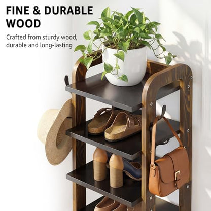 Wooden 8 Tiers Vertical Shoe Rack | Shoe Storage with Hooks, Shoe Organizer for Small Spaces, Space Saving for Entryway, Closet, Living Room, Bedroom, Front Door
