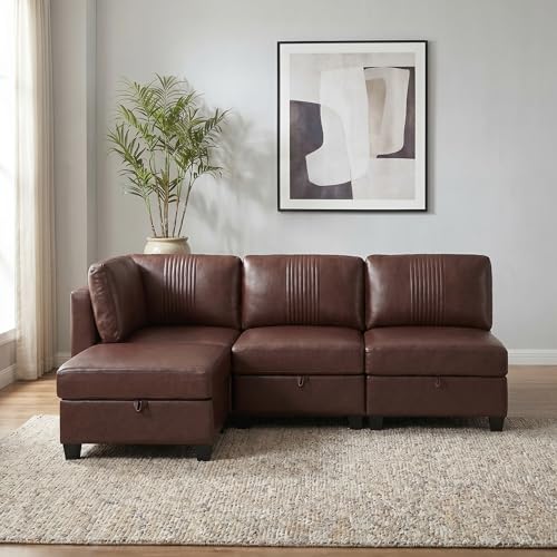 ERYE 93-Inch Oversized L Shaped Sectional Sofa 4 Seat Modular Storage Sofa Couch W/Deep Seat,Pet Friendly Faux Leather Upholstered Convertible Corner Sectional Couch with Ottoman - color: Dark Brown 93"