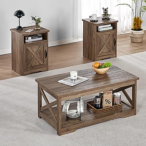 AMERLIFE 3 Piece Farmhouse Living Room Coffee Table Set, Barnwood | Coffee Table & 2 End Tables with Charging Station and USB Ports, Farmhouse Style, Barn Door Design, Living Room Furniture - color: Barnwood