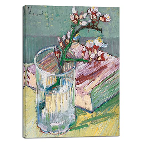 Wieco Art Canvas Prints of Blossoming Almond Branch in a Glass with a Book by Vincent Van Gogh Canvas Wall Art for Home Decor and Wall Decor Post-impressionism Pictures Artwork - size: 16"L x 12"W