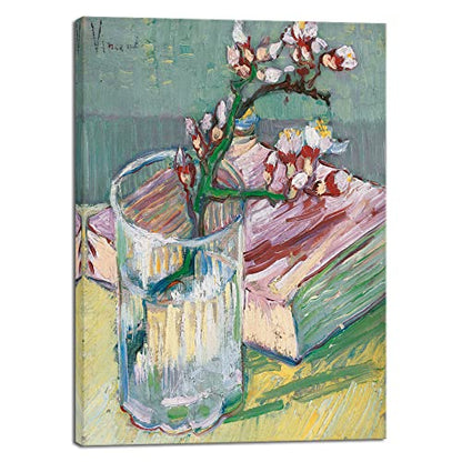 Wieco Art Canvas Prints of Blossoming Almond Branch in a Glass with a Book by Vincent Van Gogh Canvas Wall Art for Home Decor and Wall Decor Post-impressionism Pictures Artwork - size: 16"L x 12"W