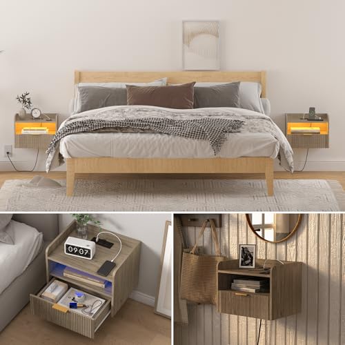 Veegle White Floating Nightstand with Charging Station and LED Lights (Grey) - color: Grey