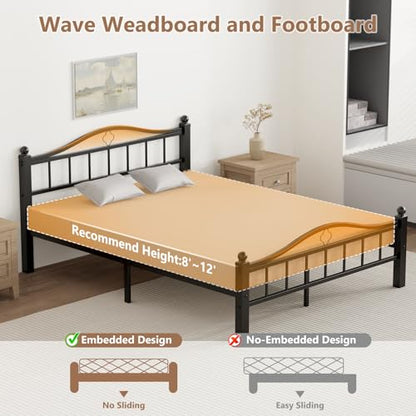 Metal Queen Bed Frame with Headboard | Noise-Free Design, Underbed Storage, Heavy Duty, No Box Spring Needed, Tool-Free Assembly - color: Queen -Black