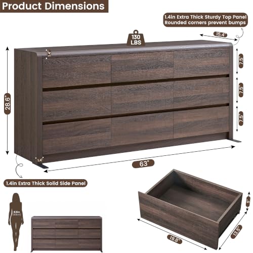 63” Wide Dresser for Bedroom, 9 Drawer Dresser, Walnut Dresser, Rounded Corner Safe & Handleless Design, Large Size Storage for Living Room Hallway, TV Stand, Modern Farmhouse Style - color: Walnut, size: 15.4"D x 63"W x 28.7"H (9 Drawers)