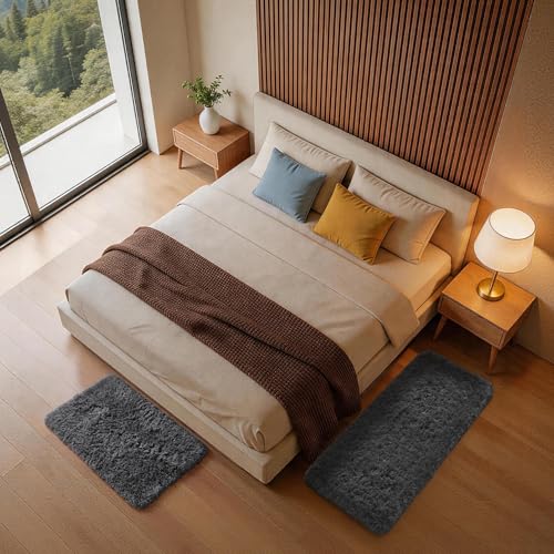 Ophanie Small Rug Washable Non Slip Throw Bedside Area Rugs, Fluffy Soft Mini Bedroom Carpet, 1.5x2.5 and 1.5x4 Rug Set, 2 Piece Grey - color: 1- Grey, size: 1.5' x 2.5' + 1.5' x 4' (Rectangular)