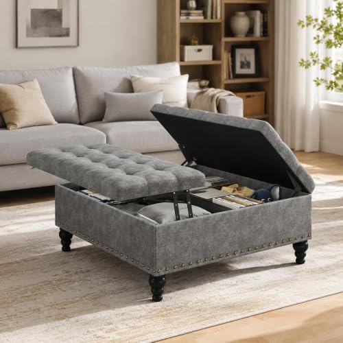 35" Ottoman Coffee Table, Storage Ottoman, Gray | Tufted Upholstered Coffee Table with Lift Top & Solid Wood Legs, Living Room