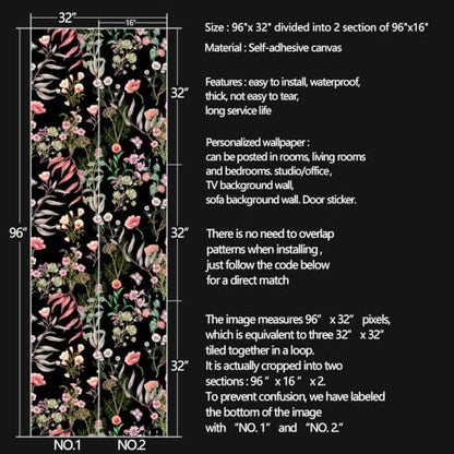 Black Flowers Peel and Stick self Adhesive Wallpaper Floral | 96''x32'' - color: X16, size: 32" x 96"