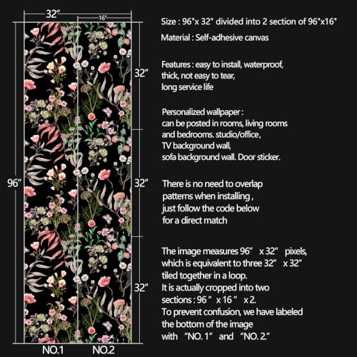 Black Flowers Peel and Stick self Adhesive Wallpaper Floral | 96''x32'' - color: X16, size: 32" x 96"