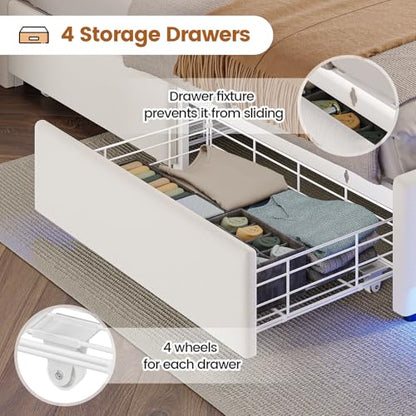 Queen Bed Frame with 4 Drawers & Storage Headboard, Lights, Cream | LED Bed Frame Queen Size with Charging Station, 5 Shelves, Velvet Upholstered Bed with Metal Slats, No Box Spring Needed - color: Creamy White-velvet, size: Queen
