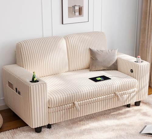 LINSY HOME Loveseat Sofa with Storage - Comfy Plush Corduroy 2 Seater Sofa with USB Charging & Cup Holders, Deep Seat Love Seat for Small Spaces Living Room Bedroom Apartment, Beige - color: Beige