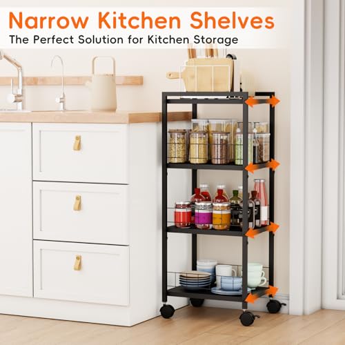 Expandable Slim Storage Cart with Wheels, 4 Tier Narrow Metal Rolling Utility Cart Organizer Adjustable Open Floor Shelving Unit for Small Spaces Bathroom Laundry Room Kitchen