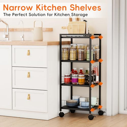 Expandable Slim Storage Cart with Wheels, 4 Tier Narrow Metal Rolling Utility Cart Organizer Adjustable Open Floor Shelving Unit for Small Spaces Bathroom Laundry Room Kitchen