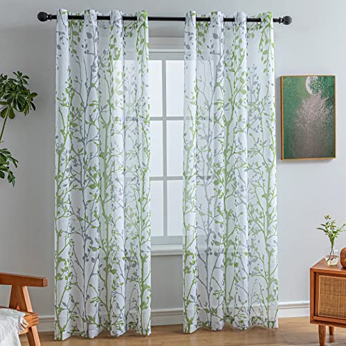 Luvyohmee White Green Curtains 72 Inch Length 2 Panels Set, Semi Sheer Window Curtain Drapes for Living Room/Bedroom, Green Nature Tree Branches Patterned Linen Textured Curtains, Grommet Top W52XL72 - color: Sage Green, size: 52"W x 72"L (Pack of 2)