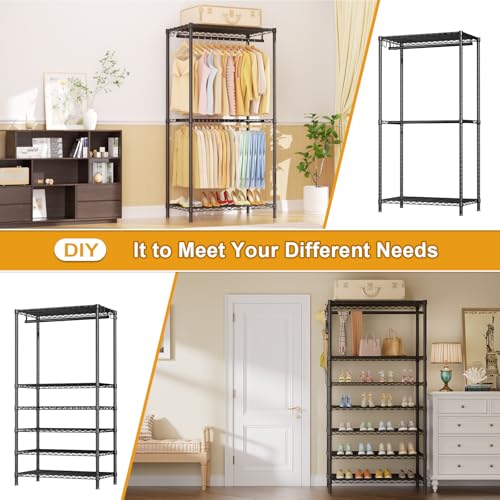 E13 Pro Heavy Duty Clothes Rack（With 4 Hanger Rods & 8 Shelves） Freestanding Clothing Racks for Hanging Clothes，Adjustable Closet，Metal Garment Rack 75" W x16 D x77 H，Max Load 1000LBS，Black - color: Black, size: E13 Pro