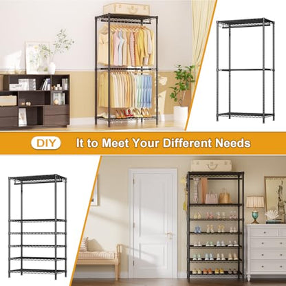 E13 Pro Heavy Duty Clothes Rack（With 4 Hanger Rods & 8 Shelves） Freestanding Clothing Racks for Hanging Clothes，Adjustable Closet，Metal Garment Rack 75" W x16 D x77 H，Max Load 1000LBS，Black - color: Black, size: E13 Pro