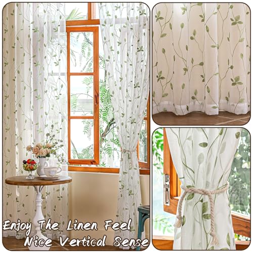 2 Panels Embroidered Leaf Pattern Semi Sheer Curtains Foliage Floral Voile Window Draperies Treatment for Bedroom Living Room Rod Pocket White Light Green 53 x 95 Inch