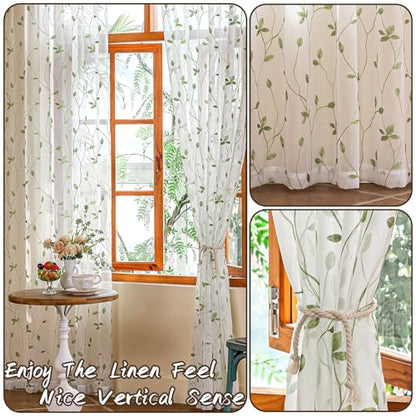 2 Panels Embroidered Leaf Pattern Semi Sheer Curtains Foliage Floral Voile Window Draperies Treatment for Bedroom Living Room Rod Pocket White Light Green 53 x 95 Inch