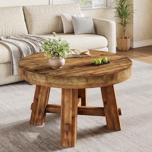 31.5-Inch Round Coffee Table, Solid Wood Center Table with Thickened Tabletop for Living Room, Apartment, Small Space (Rustic Brown) - color: Rustic Brown