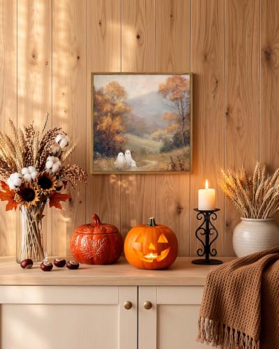 Framed Cute Halloween Ghost Canvas Wall Art 12x12, Vintage Square Ghost | Canvas Painting, Whimsical Autumn Landscape Painting with Three Friendly Ghosts, Cozy Cottagecore Halloween Wall Decor - color: Ghostly Fall, size: 12"L x 12"W