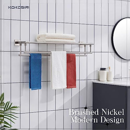 KOKOSIRI Towel Shelf with Double Towel Bars 32 Inches Bathroom Towel Rack Bath Towel Holder Wall Mounted Stainless Steel, Brushed Nickel, B6005BR-L32 - color: Brushed Steel, size: 32 Inch