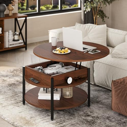 FABATO 26.77” Round Lift Top Coffee Table with Storage, Espresso | Farmhouse Coffee Table, 2 Tier Small Round Center Table, Center Table for Living Room, Circle Dining Table - color: Espresso