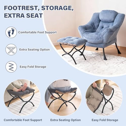 Modern Lazy Chair with Ottoman Lounge Accent Reading Chair for Living Room | Foldable Footstool,Removable Cover,Soft Padded Seat & Backrest,Upholstered Comfy Chair for Bedroom,Dorm,Office,Small Space - color: Plush Light Blue