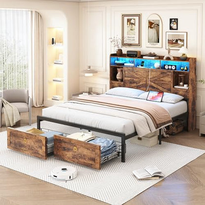 TIGUBFRE Queen Bed Frame with 4 Drawers Bookshelf Headboard, Farmhouse Bed Frame with Charging Station & LED Lights, Metal Slats Support, Noise Free, No Box Spring Needed Rustic Brown - color: Rustic Brown, size: Queen