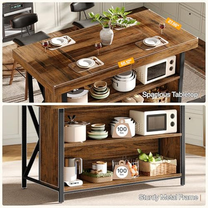 Tribesigns Large Kitchen Island with Storage, 55-Inch Wooden Stationary Island Table with Metal Frame, 3-Tier Industrial Center Bar Table with Thickened Countertop for Kitchen, Dining Room, Brown