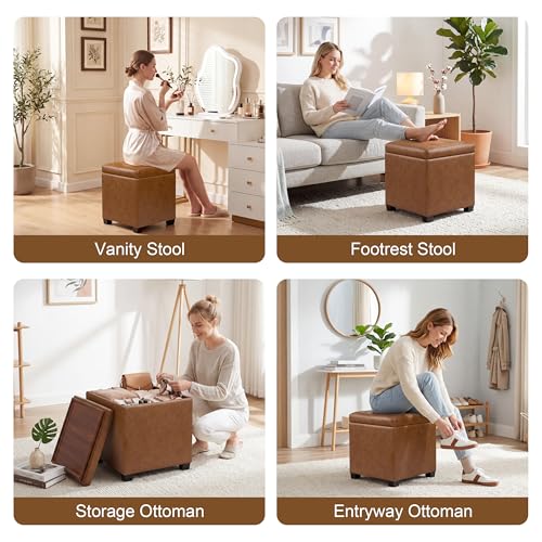 15 inch Square Storage Ottoman with Tray Lid,Modern Tufted Faux Leather Cube Coffee Table with Storage,Upholstered Ottoman with Removable Top for Living Room, Bedroom - color: Faux Leather -Taupe Brown With Tray