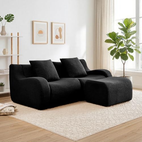 81.7” Sectional Boneless Sofa Couches, 2 Seater L-Shaped, Streamlined Design, No Assembly Modular Teddy Fabric Sofa for Living Room, Bedroom, Apartment, Home Office (Black) - color: Black02, size: 2Seat+1Ottoman