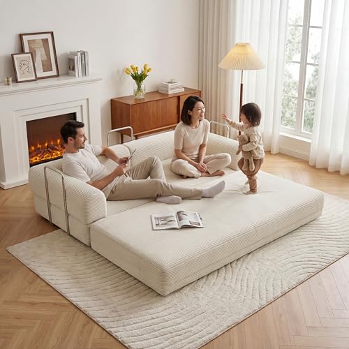 79" Boneless Couch,4-in-1 Futon Sofa Bed Modular Loveseat Sleeper Folding Compressed Couch with Pillows,No Assembly Required Convertible Sofa Bed for Living Room Bedroom Guest Room,Beige - color: Beige, size: 79” Sofa