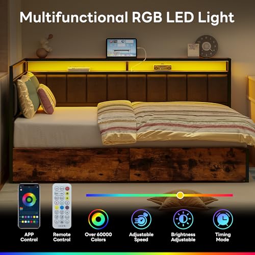 LIKIMIO 보관 서랍이 있는 풀 코너 침대 프레임, LED, 충전, 블랙 | 보관 선반 2개, 453.6kg(1000파운드) 용량, 덮개를 씌운 헤드보드, 2AC+USB 1개+타입 C 1개, 박스 스프링 없음 포함, 쉬운 조립 - color: 블랙., size: 풀