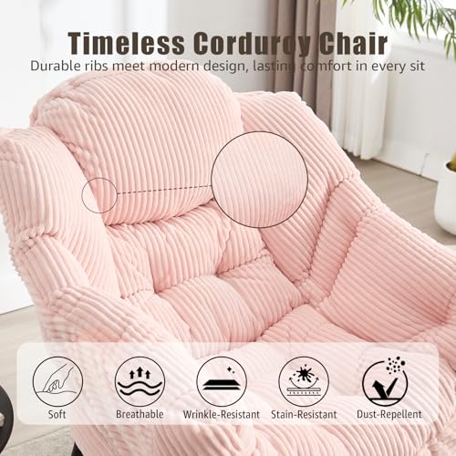 Lazy Chair with Ottoman, Modern Skinny Lounge Chair with Footrest | Foldable Footrest, Padded & Backrest with Side Pocket, Comfy Accent Reading Chair for Living Room & Small Spaces, Pink - color: Pink