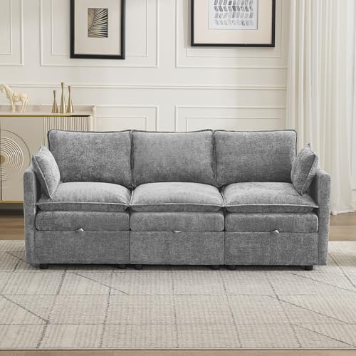 80" Cloud Modular 3 Seater Sofa with Storage, Modern Upholstered Storage Sofa Couch Deep Seat, Sectional Sofa Chenille Comfy Couch with Armrests for Living Room, Small Space, Light Grey - color: Light Grey, size: 80" 3 Seater