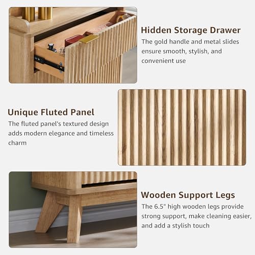 T4TREAM 48" Fluted Shoe Cabinet with Flip Drawers & Top Drawer, Natural Oak | Narrow Shoe Organizer, Curved Profile Design, Wooden Shoe Rack for Entryway, Hallway