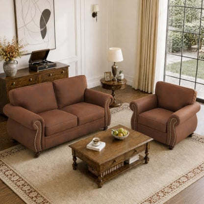 71" W Living Room Furniture Sets, Loveseat&Single, Caramel Rust | Faux Leather Fabric Sofa and Couch Sets, Mid-Century Loveseat and Sofa Set with Nailhead Trim - color: Caramel Rust, size: M-3 seat