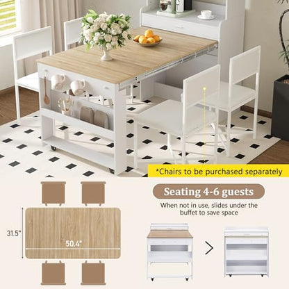 RuiSiSi Space Saving Folding Dining Table for 2-4, Farmhouse Buffet with Hutch and Storage Shelves, Multifunctional Cupboard with Side Hooks for Small Space, Studio, Apartment, Natural+White - color: Natural+white