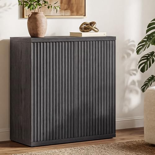 SICOTAS Buffet Cabinet with Storage Sideboard Cabinet with Doors & Shelves | Accent Sideboard Modern Credenza Fluted Storage Cabinet Mid Century Media Console for Living Room Kitchen Dining Hallway - color: Dark Grey Alder, size: 1 Piece