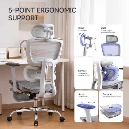 Office Chair with Footrest, Ergonomic Chair with 3D Headrest, Computer Chair with Adjustable Backrest & 3D Armrest, Gaming Chair with Adaptive Lumbar Support, Mesh Backrest & Cushion, Grey - color: Grey, style: Lite