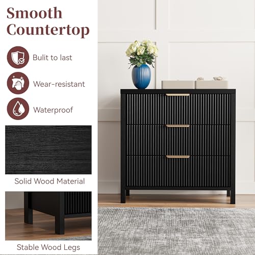 Fluted Nightstand, 23.7'' Wide Night Stand with 3 Drawers, Mid-Century Modern Bedside Table with Handles, Wood End Table for Bedroom, Black - color: Black