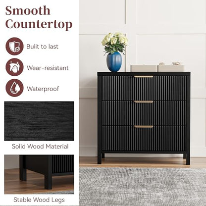 Fluted Nightstand, 23.7'' Wide Night Stand with 3 Drawers, Mid-Century Modern Bedside Table with Handles, Wood End Table for Bedroom, Black - color: Black