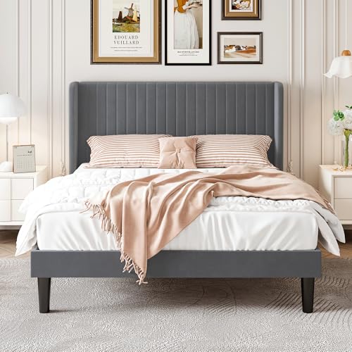SHA CERLIN Queen Size Velvet Bed Frame, Tufted Wingback Headboard, Grey | 47'' Modern Vertical Channel Headboard, Upholstered Platform Bed, Wood Slats, No Box Spring Needed, Easy Assembly, Noise Free - color: Grey, size: Queen