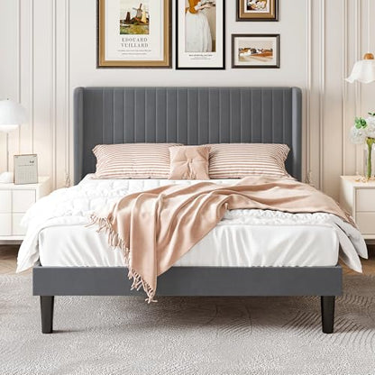 SHA CERLIN Queen Size Velvet Bed Frame, Tufted Wingback Headboard, Grey | 47'' Modern Vertical Channel Headboard, Upholstered Platform Bed, Wood Slats, No Box Spring Needed, Easy Assembly, Noise Free - color: Grey, size: Queen