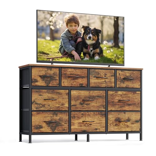 SONGMICS BELLAH Collection - Dresser for Bedroom, Chest of Drawers, TV Stand for TVs Up to 55 Inches, Living Room, Closet, 10 Drawers, Industrial, Rustic Brown and Ink Black ULGS333KD02S - color: Rustic Brown + Ink Black, size: 11.8"D x 44.8"W x 26.8"H (1