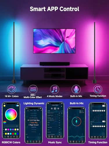 Tyute Standing Floor Lamp, RGB LED Lamp with Music Sync, Smart App and Remote Control Ambience Light with Music Sync, LED Lamp with 16 Million Colors for Bedroom, Living Room Gaming Room
